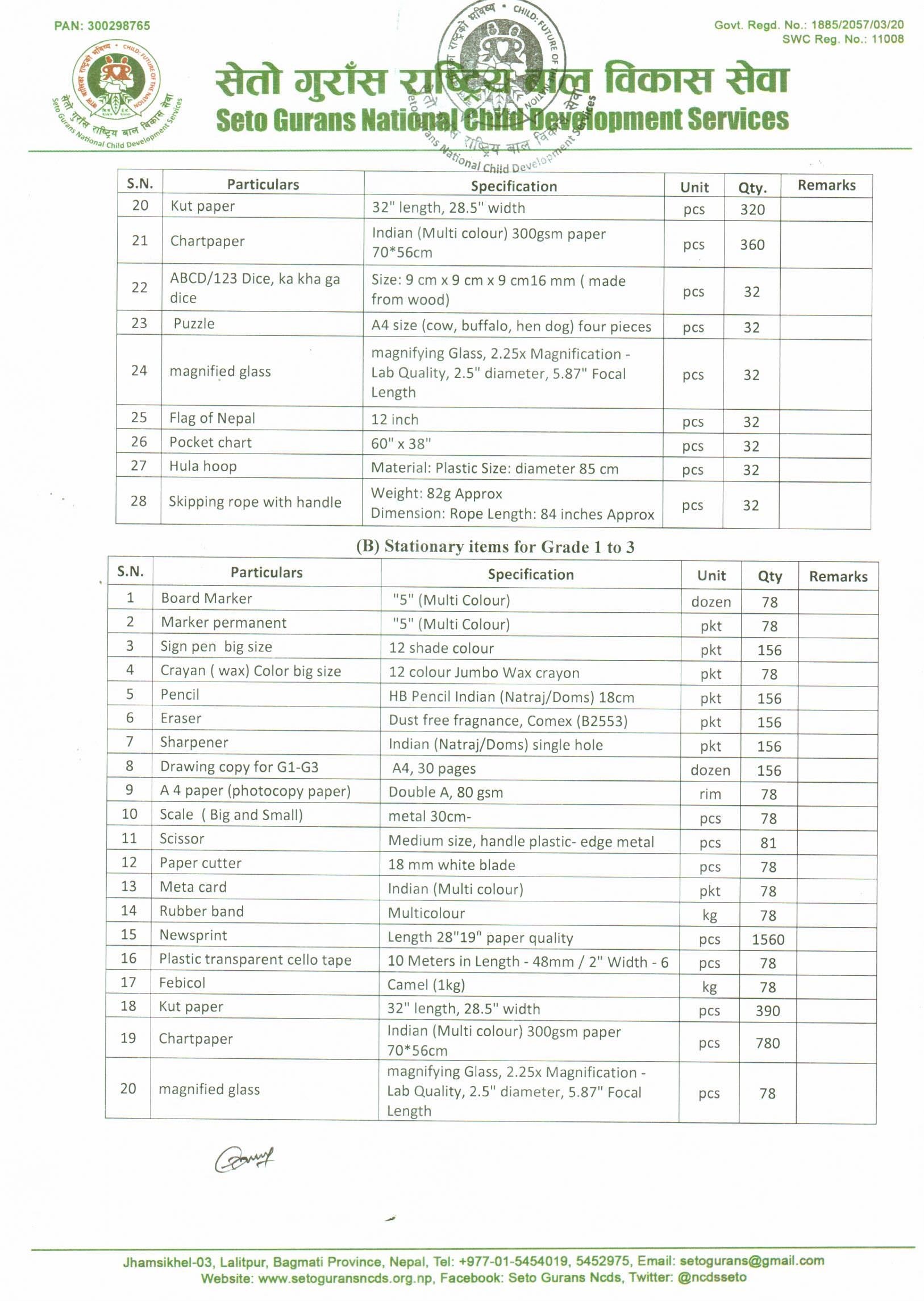 सिलबन्दी कोटेशन आव्हान सम्बन्धमा । - Stationary (ECD to Grade 3)